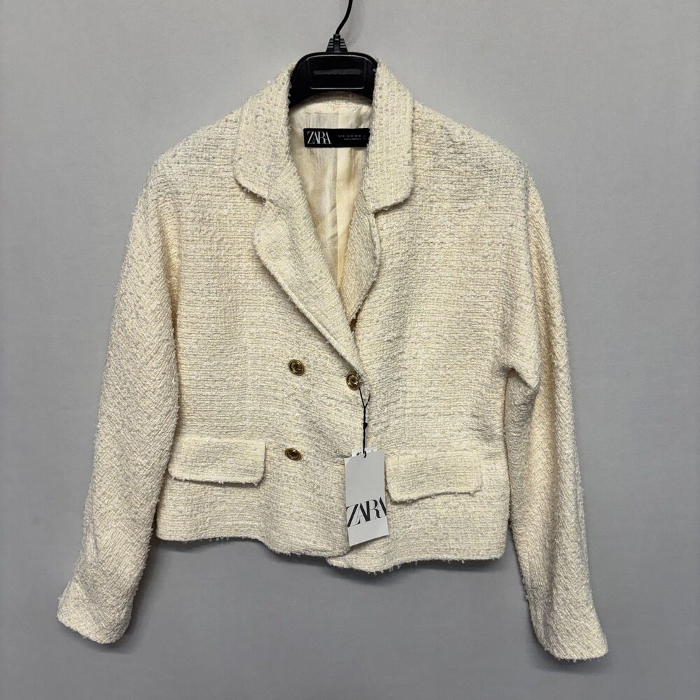 NWT Zara Women Tweed Cropped Double Breasted Blazer Jacket Size Medium C134 -23